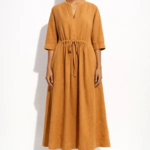 Elegant Mustard Yellow Tie-Waist Dress